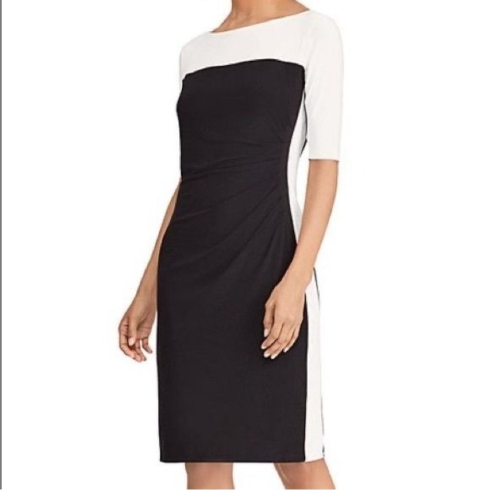 Lauren Ralph Lauren Long Sleeve Ruched MIDI Dress. Black White Size 6 #1150